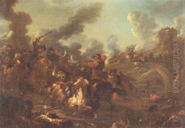 A Cavalry Skirmish In A Landscape Oil Painting by Georg Philipp Rugendas the Elder