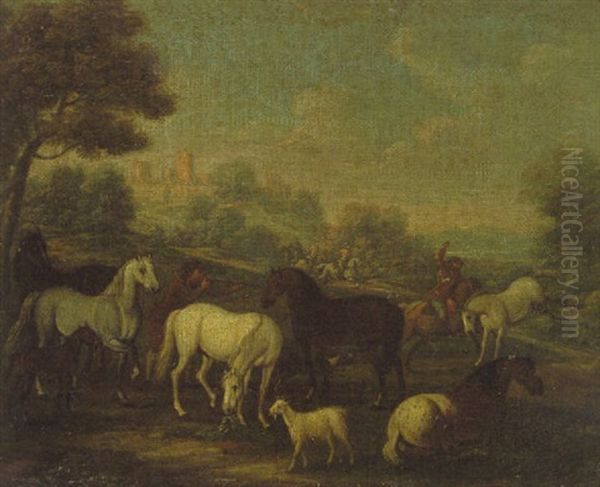 Pferde Und Reiter In Hugeliger Landschaft Oil Painting by Georg Philipp Rugendas the Elder