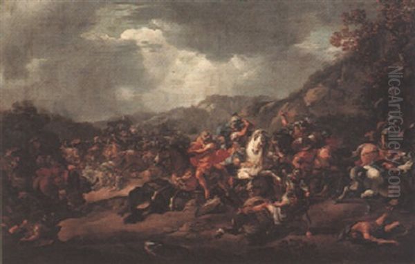 A Cavalry Engagement Oil Painting by Georg Philipp Rugendas the Elder