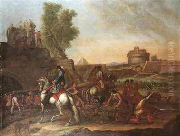 Capriccio Landscape With A Horseman Beside Builders, The Pyramid Of Sixtus And The Castel Sant'angelo Oil Painting by Georg Philipp Rugendas the Elder