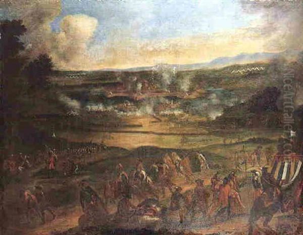 Landscape With Wounded Soldiers Making For An Encampment And A Fortified Town Under Siege Beyond Oil Painting by Georg Philipp Rugendas the Elder