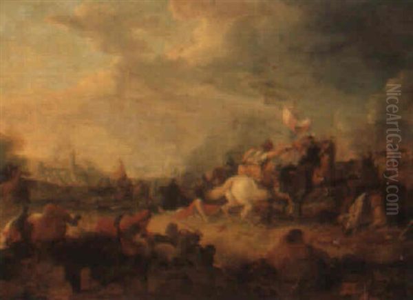 A Cavalry Engagment Oil Painting by Georg Philipp Rugendas the Elder