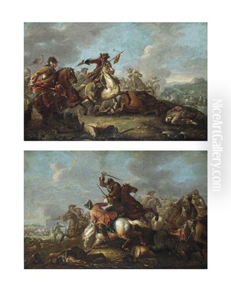 A Cavalry Skirmish With A Village On A Hill Beyond And A Cavalry Battlefield (pair) Oil Painting by Georg Philipp Rugendas the Younger