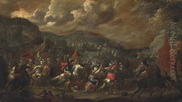 A Cavalry Skirmish Oil Painting by Georg Philipp Rugendas the Younger