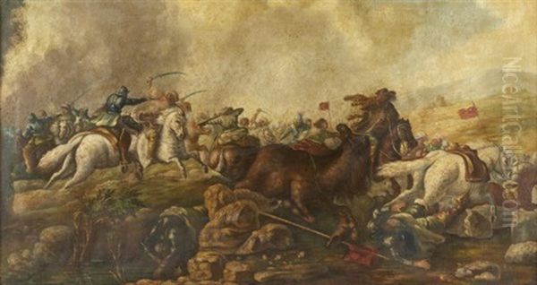 Gefecht Zwischen Turken Und Mitteleuropaischen Truppen (+ Reitergefecht Turkischer Kurassieren Und Dragoner Im Freiem Feld; 2 Works) Oil Painting by Georg Philipp Rugendas the Younger