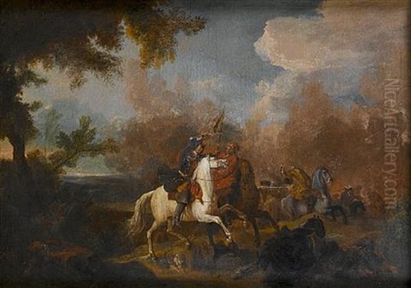 A Cavalry Skirmish Oil Painting by Georg Philipp Rugendas the Younger