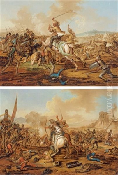 Gefecht Zwischen Christlicher Infanterie Und Turkischer Reiterei (pair) Oil Painting by Johann Lorenz Rugendas the Younger