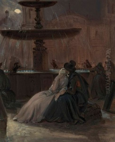 A Lovers' Tryst By Moonlight, Plaza Mayor, Lima Oil Painting by Johann Moritz Rugendas