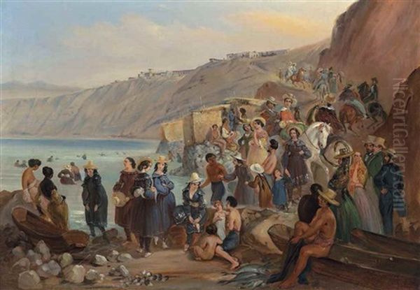 Bathers On The Chorillos Beach, Miraflores, Lima Oil Painting by Johann Moritz Rugendas