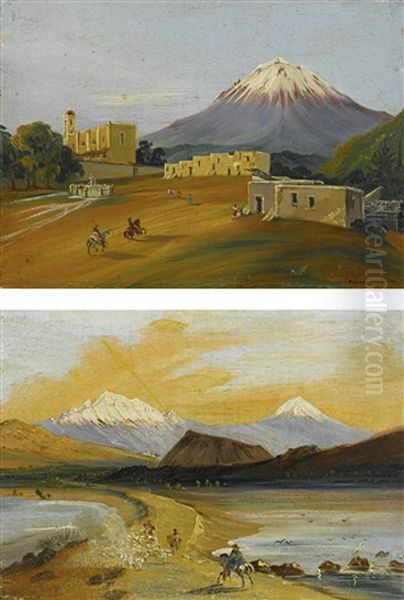 Two Views Of The Popocatepetl And Itztaccihuatl Seen From The Valley Of Mmexico Oil Painting by Johann Moritz Rugendas