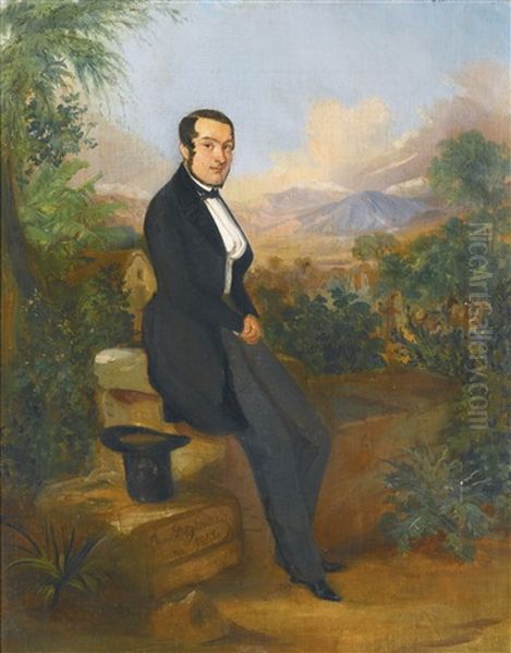 Portrait Of George Hhellmann Before A Vista In Tacna, Peru Oil Painting by Johann Moritz Rugendas