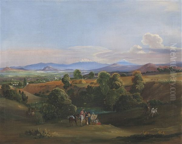 Vista Del Valle De Mexico Con El Popocatepetl Y El Iztaccihuatl Al Fondo Oil Painting by Johann Moritz Rugendas