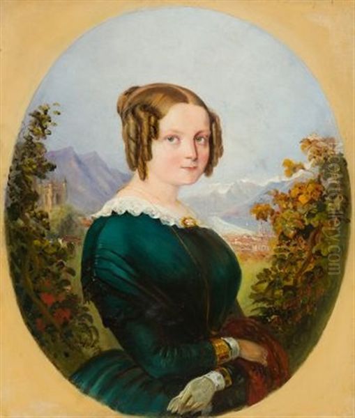 Louise Sophie Rugendas, Geboren Dubois, Vor Dem Landschaftspanorama Ihrer Schweizer Heimat Oil Painting by Johann Moritz Rugendas