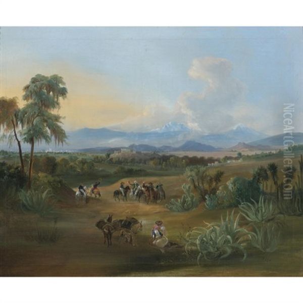 Vista Del Valle De Mexico Con Arriero Y Jinetes En Primer Plano Y Los Volcanes Popocatepetl E Iztaccihuatl Al Fondo by Johann Moritz Rugendas