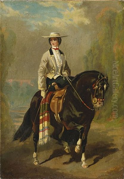 Dame Auf Einem Schwarzen Pferd Oil Painting by Johann Moritz Rugendas