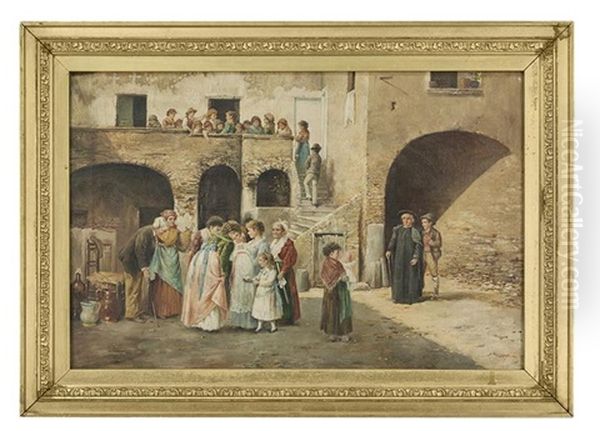 Christening In The Courtyard Oil Painting by Pasquale Ruggiero