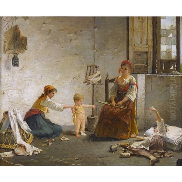 Interieur Mit Kindern Und Frau An Der Haspel Oil Painting by Pasquale Ruggiero