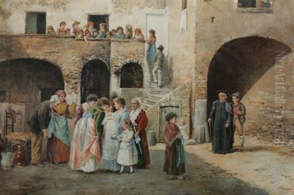 Christening In The Courtyard Oil Painting by Pasquale Ruggiero