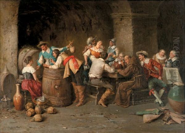 A Busy Tavern Oil Painting by Pasquale Ruggiero