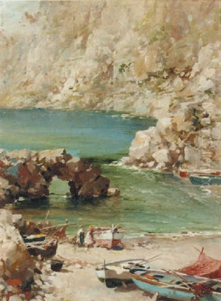 Beached Boats In A Mediterranean Cove Oil Painting by Pasquale Ruggiero