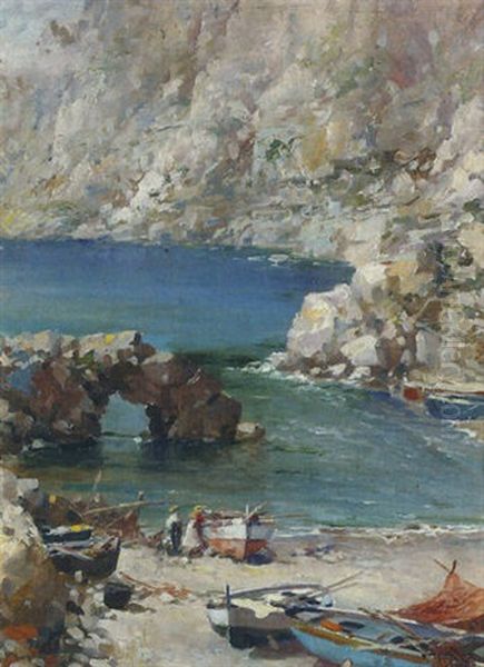 Boats On The Shore Oil Painting by Pasquale Ruggiero