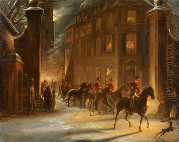 Night Sleigh Ride By Torchlight Oil Painting by Ludwig Sigismund Ruhl