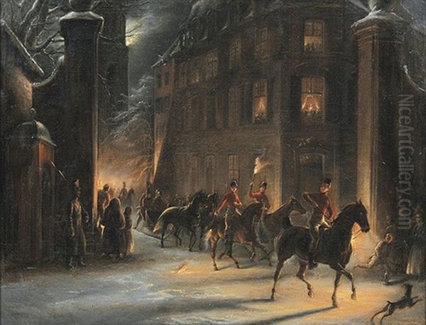 Nachtliche Schlittenfahrt Bei Fackelschein Oil Painting by Ludwig Sigismund Ruhl