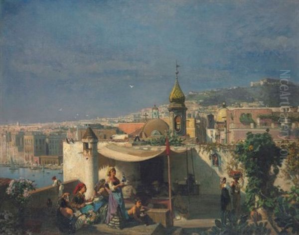 Family On A Terrace, Naples Oil Painting by Jules Ruinart De Brinant