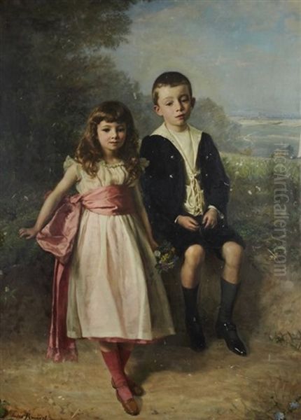 Jeunes Enfants A La Campagne Oil Painting by Jules Ruinart De Brinant