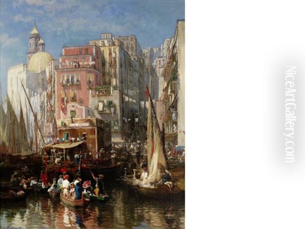 A Bustling Waterfront, Venice Oil Painting by Jules Ruinart De Brinant