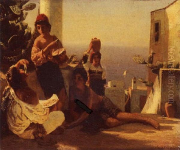 Jeunes Italiens Sur Une Terrasse Oil Painting by Jules Ruinart De Brinant