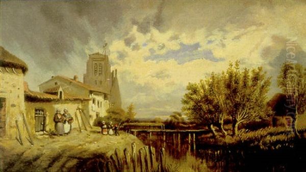 Pueblo Con Campesinas Al Borde Del Lago Oil Painting by Jules Ruinart De Brinant