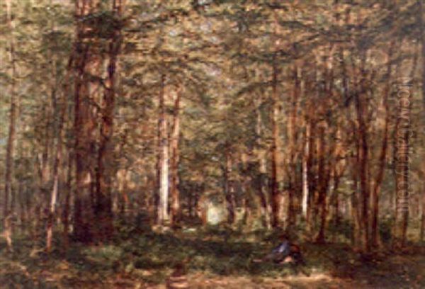 A Figure Resting In A Woodland Glade Oil Painting by Jules Ruinart De Brinant