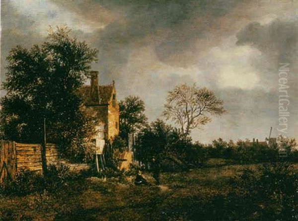 A Wooded Landscape With Travellers Resting By A Cottage, A Windmill Beyond Oil Painting by Isaak van Ruisdael