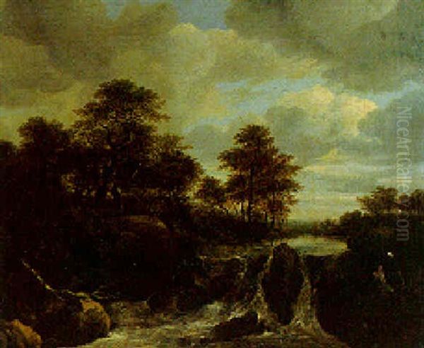 A Torrent In A Wooded River Landscape Oil Painting by Isaak van Ruisdael