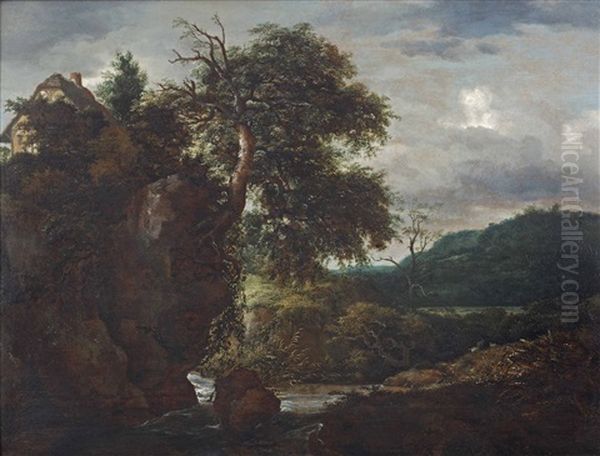 A Rocky River Landscape With A Cottage On A Cliff Oil Painting by Jacob Van Ruisdael