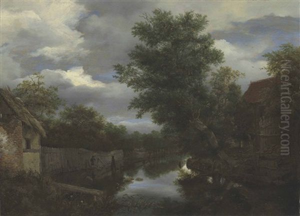 A Pollarded Willow Overhanging A River Oil Painting by Jacob Van Ruisdael