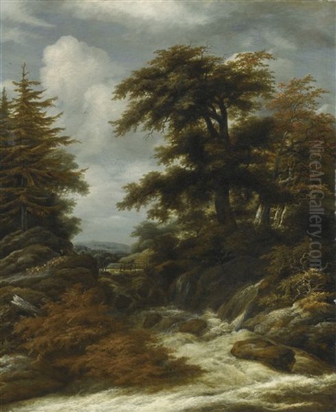 Wooded Landscape With Waterfall Oil Painting by Jacob Van Ruisdael