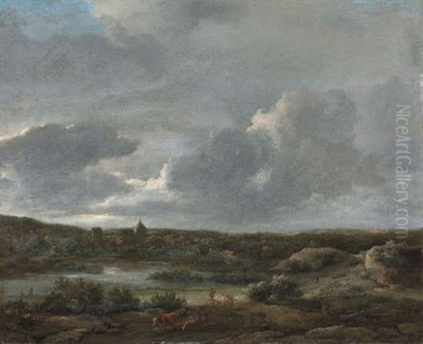 An Extensive Wooded Landscape With A Village Near A Lake Oil Painting by Jacob Van Ruisdael