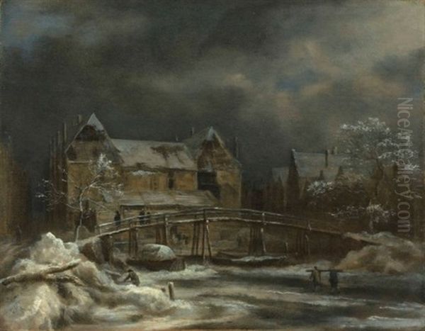 A Winter Landscape With A View Of A Town And Wooden Bridge Oil Painting by Jacob Van Ruisdael