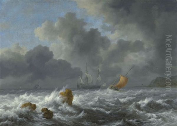 Sailing Vessels In A Stormy Sea Near A Rocky Coast Oil Painting by Jacob Van Ruisdael