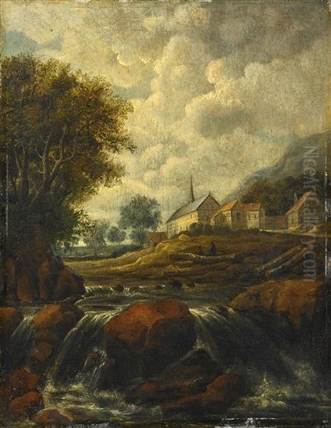 Landschaft Mit Wasserfall Und Kirche Oil Painting by Jacob Van Ruisdael