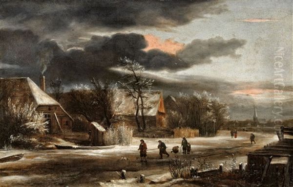 Winter Landscape With A Village And Frozen Canal Oil Painting by Jacob Van Ruisdael