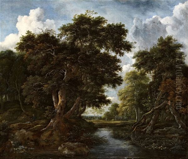 Wooded Landscape With Hunters And A River Oil Painting by Jacob Van Ruisdael