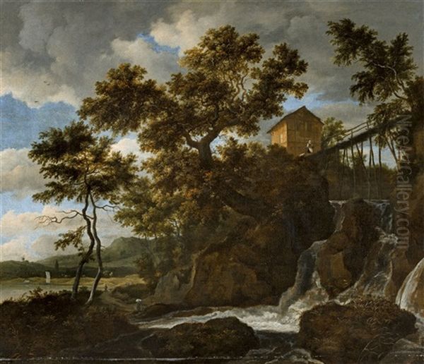 Landscape With A Waterfall, Cottage, And Bridge Oil Painting by Jacob Van Ruisdael