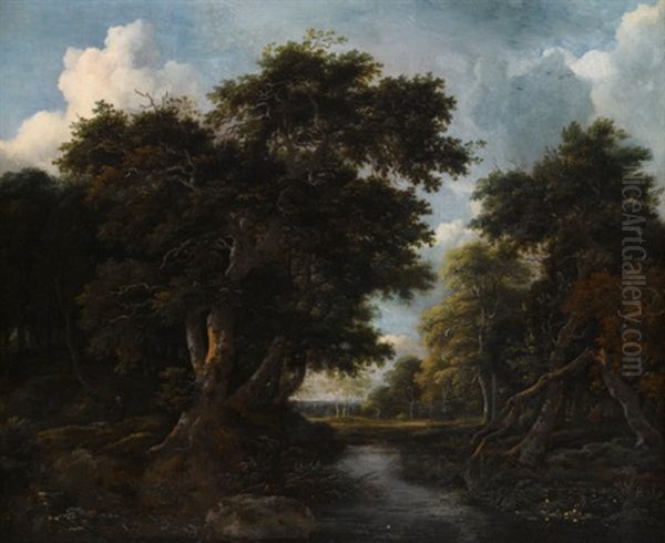 A Forest Landscape With A River And A Shepherd On A Mossy Path Oil Painting by Jacob Van Ruisdael