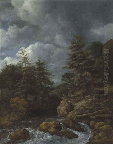 A River Landscape With Fir Trees By A Cascade by Jacob Van Ruisdael