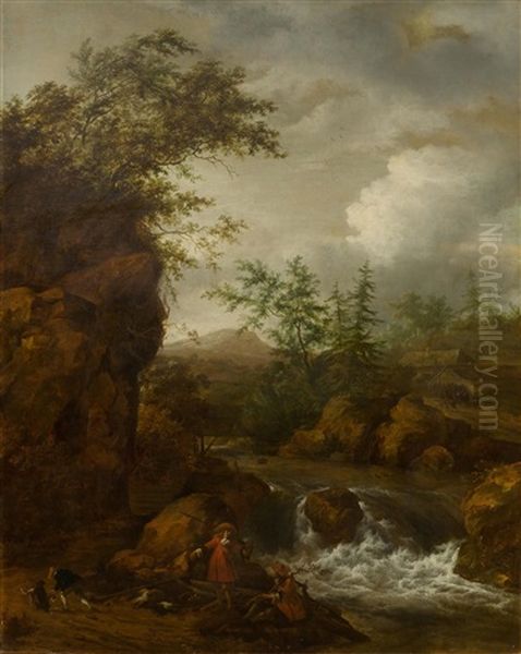 A Mountain Landscape With Waterfall And Figures Oil Painting by Jacob Van Ruisdael