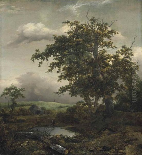 A Wooded Landscape With A Man At Rest By A Pond Near A Hut, A Windmill Beyond by Jacob Van Ruisdael