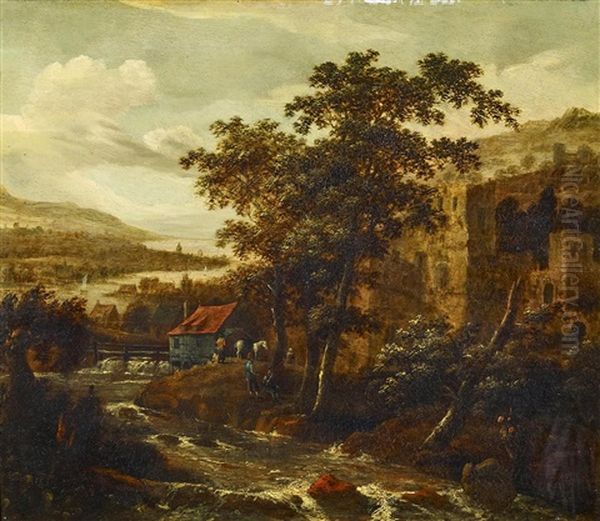 Flusslandschaft Mit Burg Und Gehoft Oil Painting by Jacob Van Ruisdael